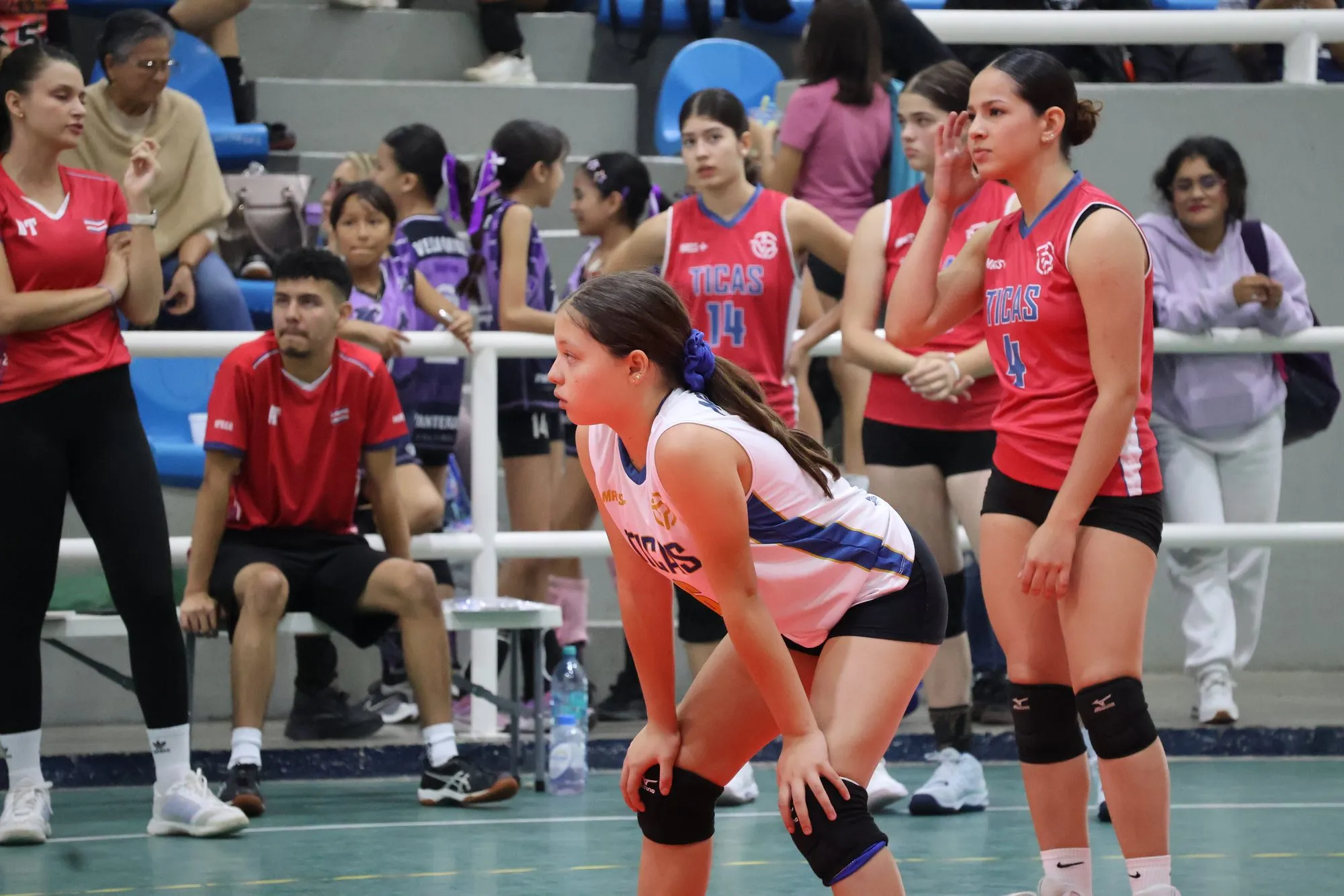 Una jugadora espera el saque en posición de recepción mientras el resto del equipo mira desde atrás.